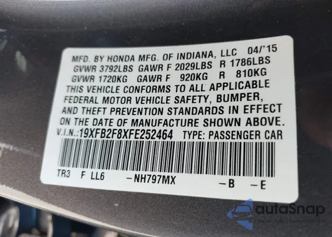 2015 Honda Civic Ex z USA, uszkodzony, nr VIN 19XFB2F8XFE252464